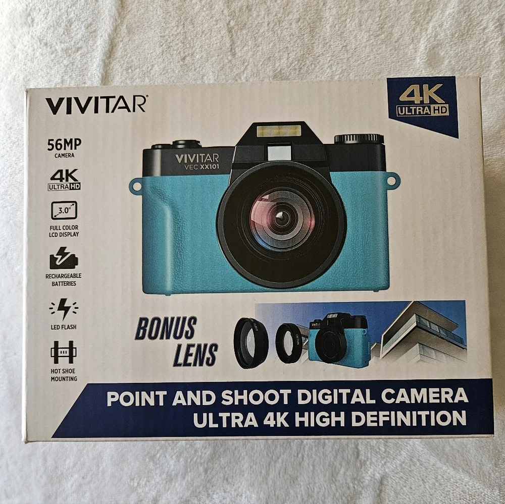 NEW Vivitar VEC XX101 Digital Zoom Lens Selfie Camera Turquoise 4K Bonus Lens